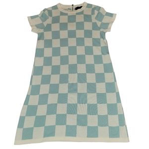 ASOS Petite Size 1 Checker Sweater Dress Short Sleeve Blue White Mod Retro